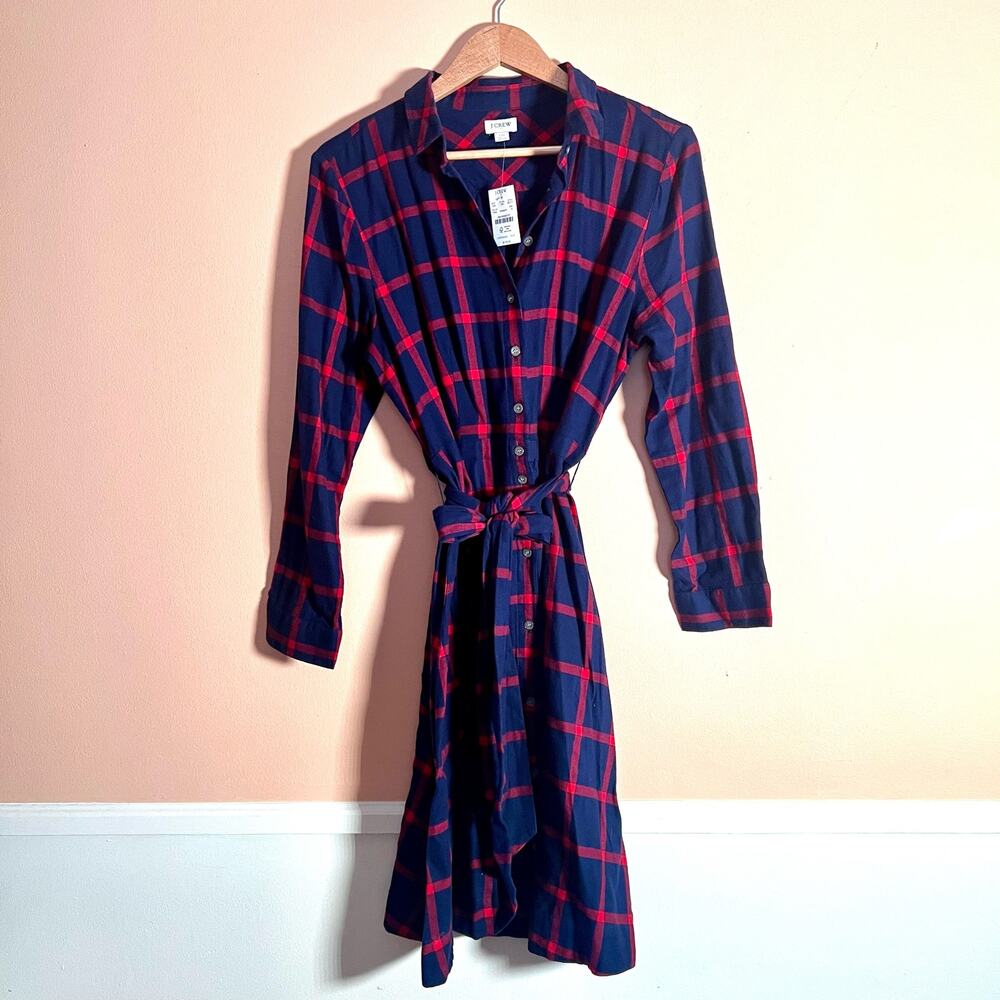 J. Crew Factory | Flannel Dress Tie Waist Red + Blue Size 10 NWT